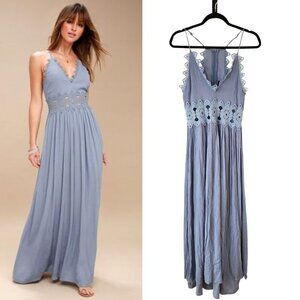 Lulus This is Love Slate Blue Maxi Dress Lace Gauzy Full Length Bridesmaid Sz M